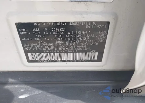 2012 Subaru Outback 2.5I Limited from USA, damaged, VIN 4S4BRCKC4C3264117